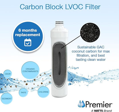 Watts Premier Pure UF-3 Heavy-Duty LVOC Carbon Filter for RO Pure Reverse Osmosis System, 1-Micron Water Filter Replacement, Push Button Assembly, Reduces Lead and VOCs