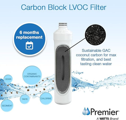 Watts Premier Pure UF-3 Heavy-Duty LVOC Carbon Filter for RO Pure Reverse Osmosis System, 1-Micron Water Filter Replacement, Push Button Assembly, Reduces Lead and VOCs