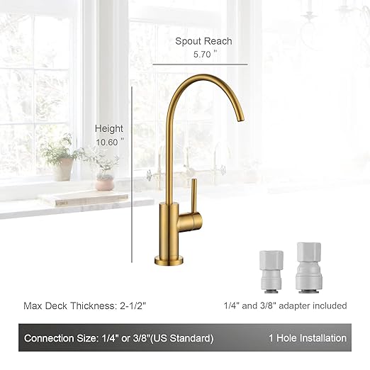 AguaStella AS09BG Brushed Gold Brightly Stainless Steel Kitchen Water Filter Faucet RO Faucet for Most Reverse Osmosis Units or Water Filtration System in Non-Air Gap