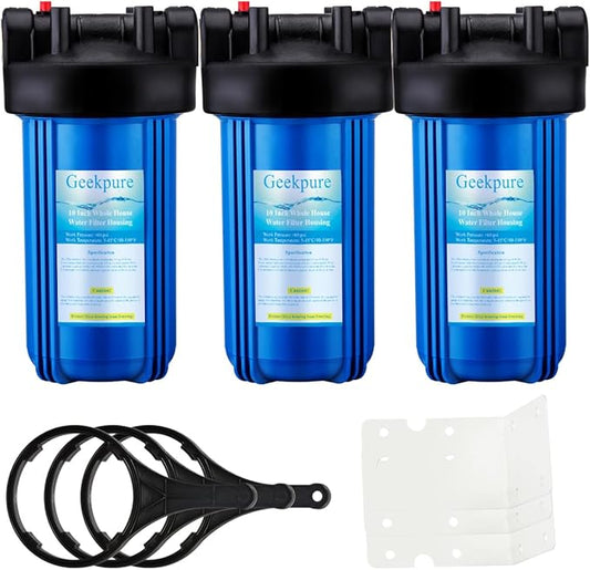 Geekpure 10-Inch Whole House Water Filter Housing 4.5"x10"1-Inch Outlet/Inlet with Wrench and Bracket-Blue Color -Pack of 3