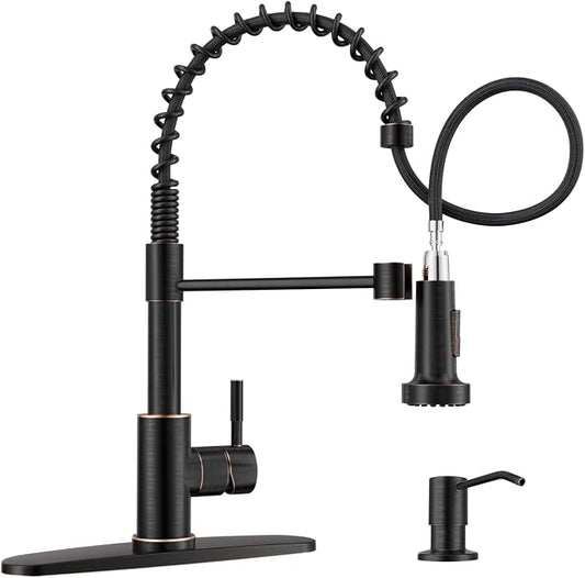 APPASO Spring Kitchen Faucet with Soap Dispenser Oil Rubbed Bronze | NSF/ANSI/CAN 372 & Lead-free, Pull Down Kitchen Sink Faucet, SUS304 Stainless Steel Single Handle High Arc Faucet