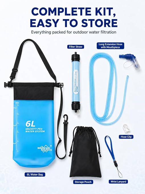 Gravity Water Filter System, TPU Water Purifier Bag, 0.01 Micron Ultrafiltration, 4000L Lifespan, BPA-Free Portable Water Filtration for Camping, Backpacking, Survival Gear (1.6 Gallon/6L)