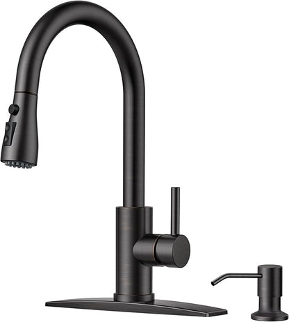 FORIOUS Kitchen Faucet with Soap Dispenser and Pull Down Sprayer, Bar High Arc Single Handle Classic 3 Modes Stainless Steel Faucet for Kitchen Sink Farmhouse RV Laundry Camper, Oil Rubbed Bronze