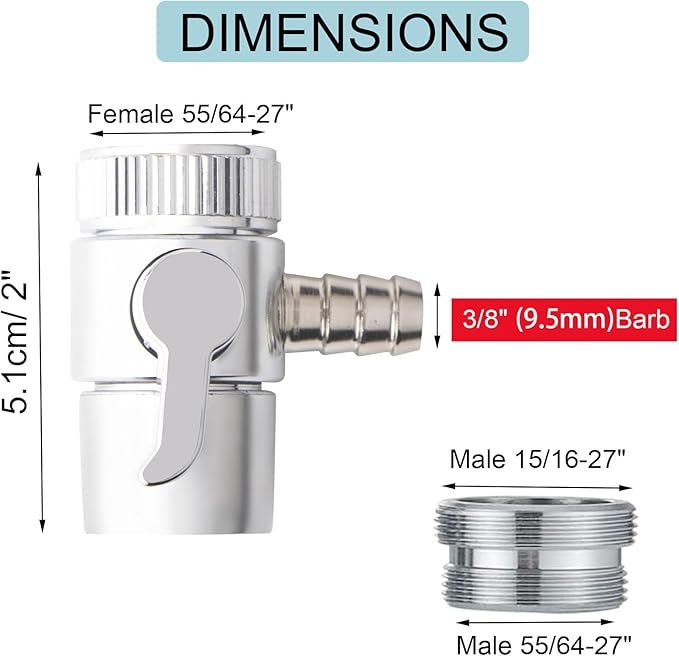 2 PACK Countertop Water Filter Diverter Valve with Barb Connector, Faucet Diverter Adapter for 6mm, 8mm, 9.5mm Tubing or Hose, Compatible with Standard Kitchen Faucets(9.5mm Barb)