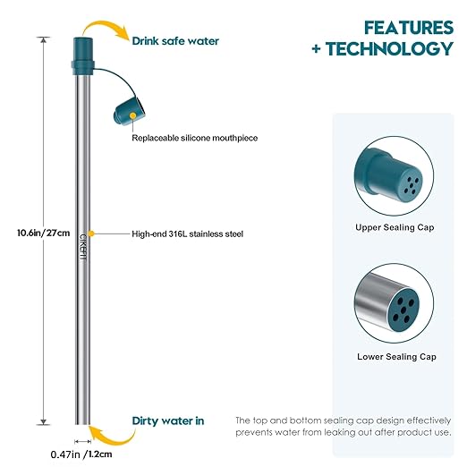 Personal Survival Straw.316L Stainless Steel Reusable Water Filter Straw Portable Water Purifier Straw for Camping Hiking Backpacking Travel, Emergency Survival Gear（ Dark Green,1 Pcs）