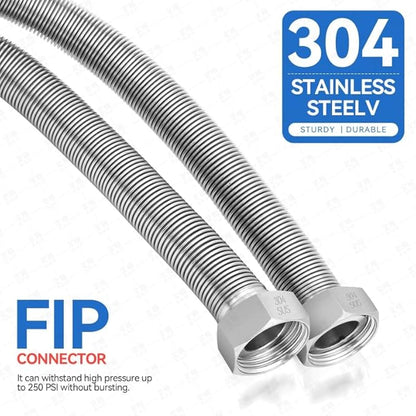 30 Inch Flexible Stainless Steel Corrugated Water Heater Connector Hose,3/4" FIP x 3/4" FIP,304 Stainless Steel Leak-Proof Flexible Line for Tankless Water Heater,Water Softener,RV,Boiler(2PCS)
