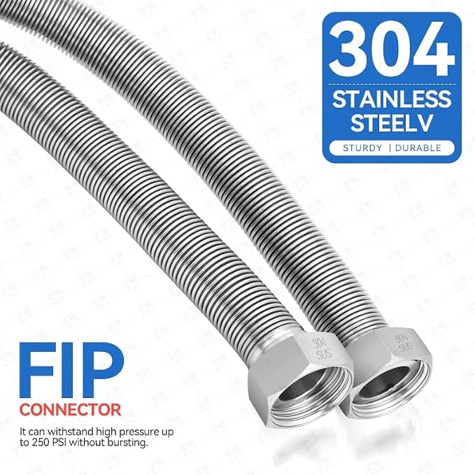 15 Inch Flexible Stainless Steel Corrugated Water Heater Connector Hose 1" FIP x 1" FIP,304 Stainless Steel Leak-Proof Flexible Line for Tankless Water Heater,Water Softener,RV,Boiler(2PCS)