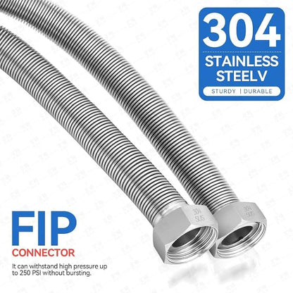 15 Inch Flexible Stainless Steel Corrugated Water Heater Connector Hose 1" FIP x 1" FIP,304 Stainless Steel Leak-Proof Flexible Line for Tankless Water Heater,Water Softener,RV,Boiler(2PCS)