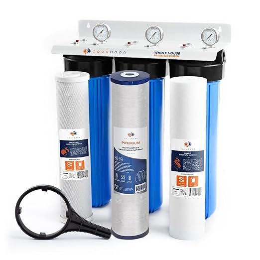 Aquaboon 3-Stage Whole House Water Filter System with 5 Micron 20x4.5 Anti-Scale Reducing Sediment Water Purification and Carbon Chlorine Reduction Filter, Pressure Gauges, Wrench, Bracket