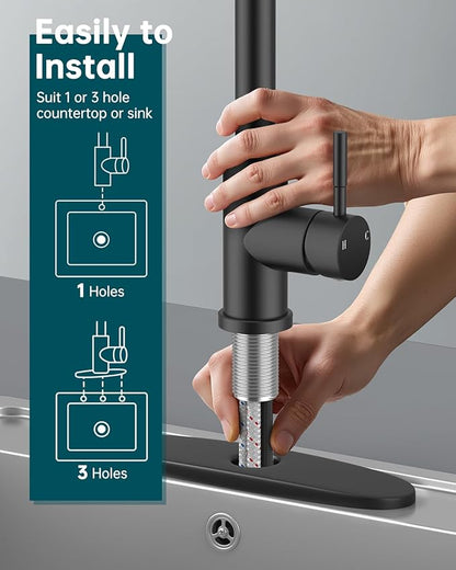Hiqufet Kitchen Sink Faucet with Pull Down Sprayer with Deck Plate, 1 or 3 Holes High Arc Faucet, Stainless Steel Modern Bar Sink Faucets for Pot Filler, Farmhouse Laundry, RV Bathroom (Black)