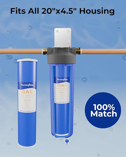 20x4.5 Inch GAC Water Filter, Granular Activated Carbon Replacement Cartridge, High Flow Whole House Chlorine, Taste & Odor Reduction, Coconut Shell, Fits Standard 20" Housings