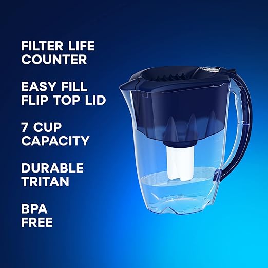AQUAPHOR 7 Cup Ideal Water Filter Pitcher with 3 x B15 Filter | Reduces Chlorine & Heavy Metals | Fast Flow Water Filtration | BPA-Free & Dishwasher Safe | Improved & Filtered Water | Dark Blue