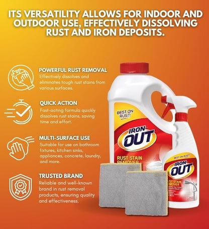 Iron Out Rust Remover Spray 16 oz + 28 oz Powder Bundle with Microfiber Cloth - Rust Stain Remover - Hard Water Toilet Stain Cleaner - Dissolves Rust on Tubs, Sinks, and Showers - (4 Items)
