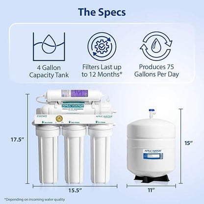 APEC Water Reverse Osmosis Water Filter, Alkaline 6-Stage RO System, WQA Certified to Remove 1K+ Impurities, pH+ Remineralization for Natural Spring Taste, Under Sink Filter 75 GPD