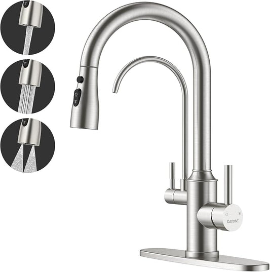 DAYONE Kitchen Faucet with Pull Down Spayer and Water Filter, 3 in 1 Sink Faucet with Drinking Water, 3-Way Kitchen Faucet with Purfied Water Faucet, Cold and Hot Mixer Filter Tap, Brushed Nickel