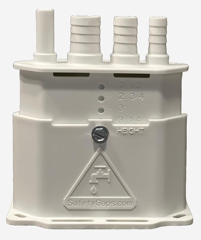 Water Softener Air Gap with 3/8", 1/2" and 5/8" Hose Inlet Ports with Adjustable Height for Floor Drain Cover (Safety Gaps Model Number: DC-225-400 White)
