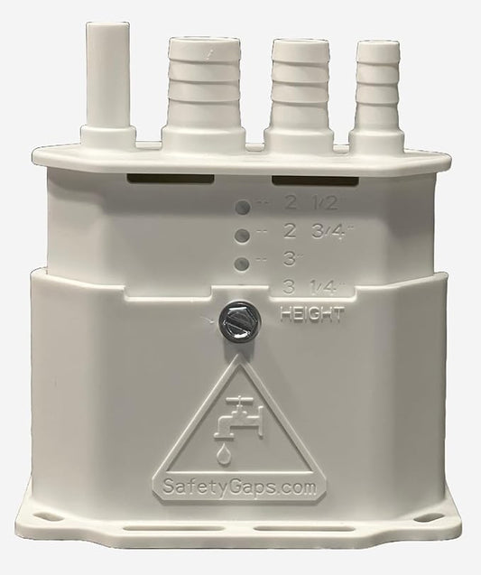 Water Softener Air Gap with 3/8", 1/2" and 5/8" Hose Inlet Ports with Adjustable Height for Floor Drain Cover (Safety Gaps Model Number: DC-225-400 White)