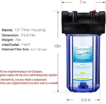 Geekpure 10 Inch Water Filter Housing for Whole House Water Filtration with Wrench Bracket -1" Port-Clear -4.5" x 10" Pack of 3