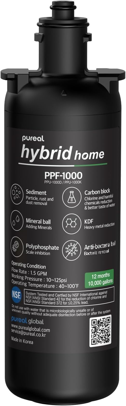 Pureal PPF-1000 Under Sink Water Filter Replacement Cartridge, 10 Inch | NSF/ANSI 42 & 372 Certified. Reduces PFAS, Lead, Chlorine & Odor. 10,000-Gallon Capacity. Long-Lasting Filter. Made in Korea.
