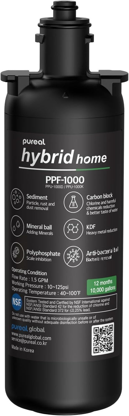 Pureal PPF-1000 Under Sink Water Filter Replacement Cartridge, 10 Inch | NSF/ANSI 42 & 372 Certified. Reduces PFAS, Lead, Chlorine & Odor. 10,000-Gallon Capacity. Long-Lasting Filter. Made in Korea.