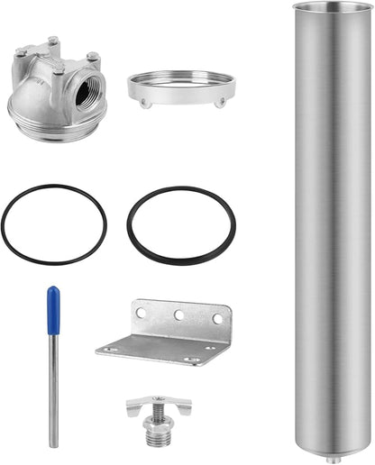 Amwater NSF/ANSI 42 Stainless Steel Whole House Water Filter Housing, 20" x 2.5" Sediment Water Filter System for Heavy Duty, Well & City Water, 3/4" NPT Port, Drain Valve Style A(Wing)