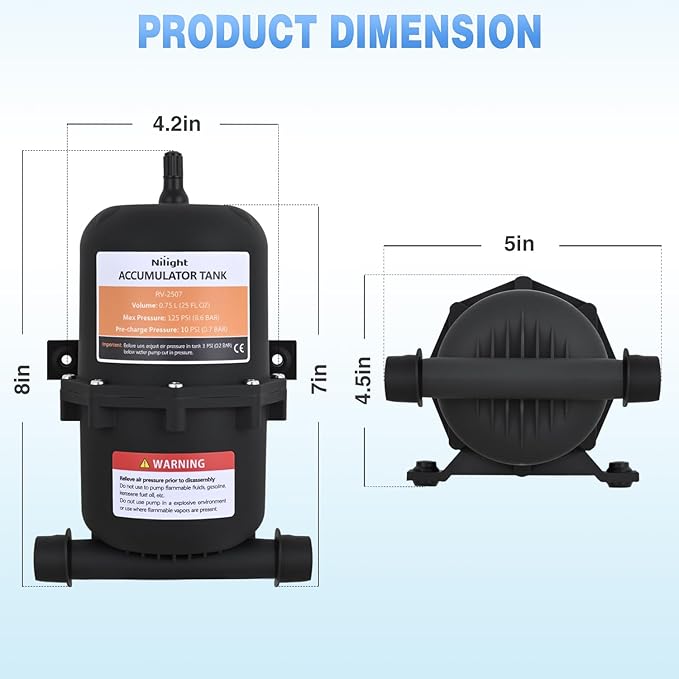 Nilight RV Accumulator Tank, 0.75L Max 125PSI Pre-Pressurized Water Accumulator Tank Control Inner Bladder with 1/2 MNPT Port Fitting Use with RV Water Pump Tank System for RV Boat Travel Trailer Home