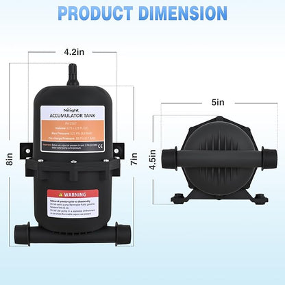 Nilight RV Accumulator Tank, 0.75L Max 125PSI Pre-Pressurized Water Accumulator Tank Control Inner Bladder with 1/2 MNPT Port Fitting Use with RV Water Pump Tank System for RV Boat Travel Trailer Home