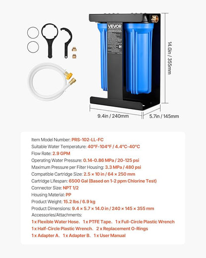 VEVOR RV Water Filter with Bracket, 2-Cartridge 2.5 x 10 in Water Filter System for RVs, Remove Chlorine, Bad Tastes, Odors, and Most Contaminants, for Campers, Boats, Vans