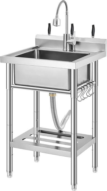 Garvee Stainless Steel Utility Sink with Faucet & Storage Shelf, 304 Single Bowl Freestanding Sink with Adjustable Legs, S-Hooks, Hot & Cold Water Pipes for Kitchen, Laundry, Garage, Farm, Outdoor Use