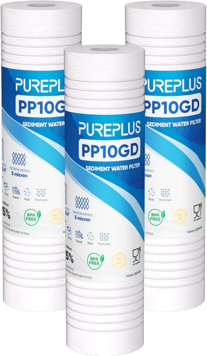 PUREPLUS 5 Micron 10" x 2.5" Whole House Grooved Sediment Home Water Filter, Replacement Cartridge for 10 inch RO Pre-Filter & RV Housing, AO-WH-PREV-R2, AP110, WHKF-G05,AB-SGR5M, GXWH20S,CFS10, 3Pack