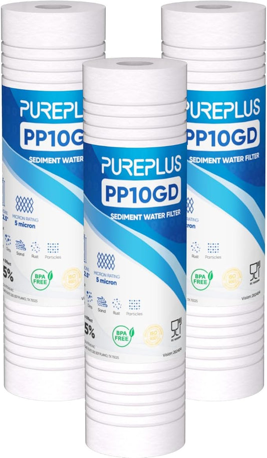 PUREPLUS 5 Micron 10" x 2.5" Whole House Grooved Sediment Home Water Filter, Replacement Cartridge for 10 inch RO Pre-Filter & RV Housing, AO-WH-PREV-R2, AP110, WHKF-G05,AB-SGR5M, GXWH20S,CFS10, 3Pack