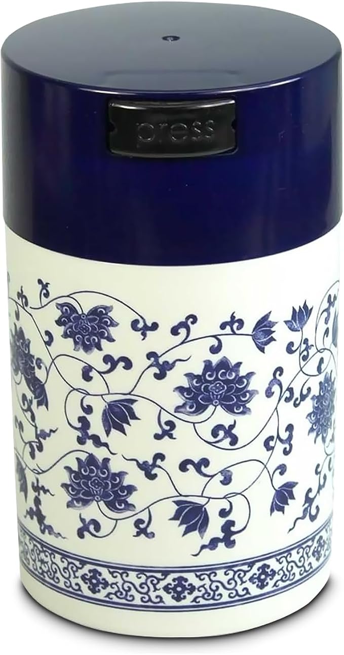 Tightpac Teavac 6-Ounce Vacuum Sealed Tea Storage Container, Blue Cap and White Body/Floral Design