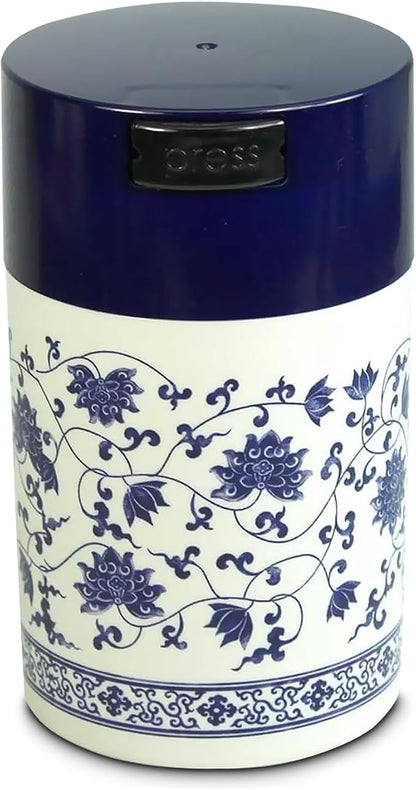 Tightpac Teavac 6-Ounce Vacuum Sealed Tea Storage Container, Blue Cap and White Body/Floral Design
