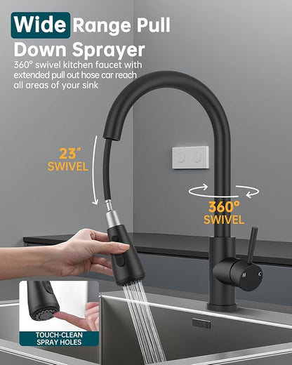 Hiqufet Black Kitchen Faucet with Soap Dispenser & Pull Down Sprayer, Rv Kitchen Sink Faucets for Pot Filler, Farmhouse Camper Bar Sink Laundry, RV Bathroom, Single Hole Single Handle Stainless Steel
