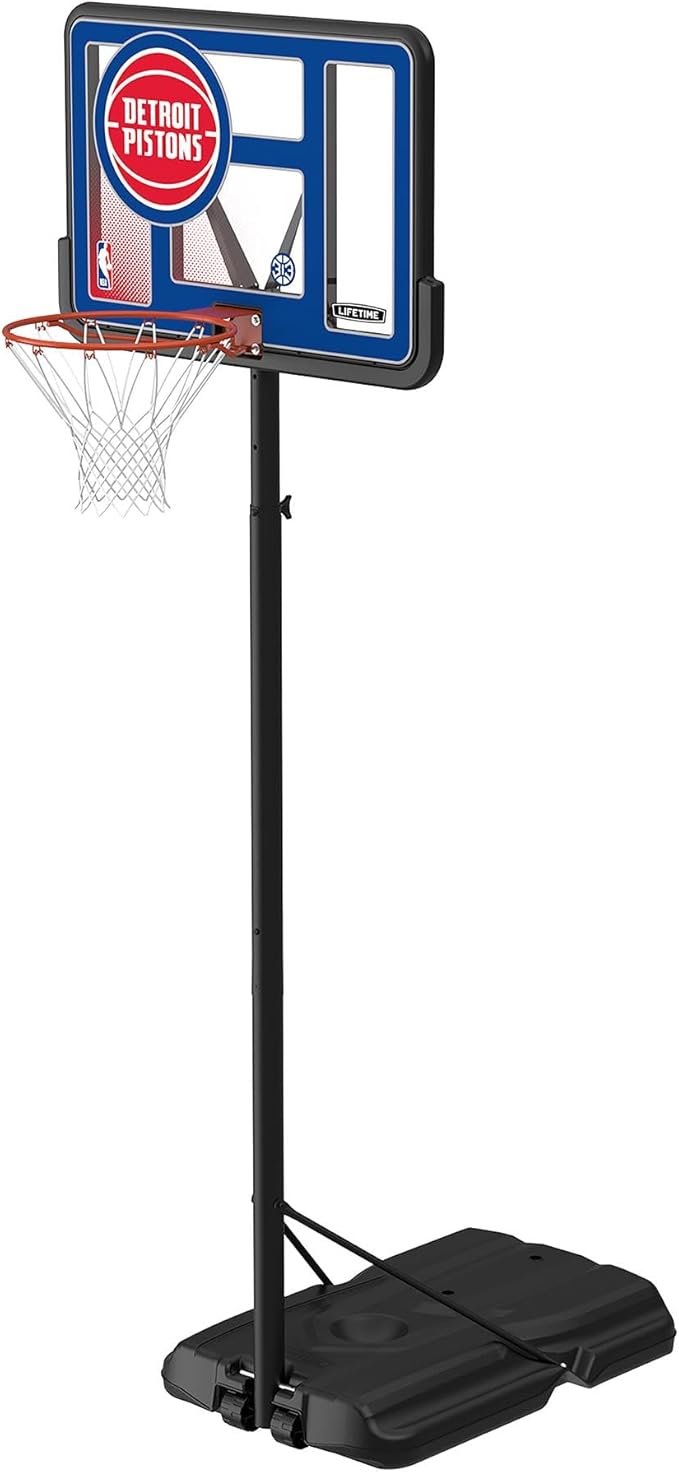 Lifetime NBA Detroit Pistons Portable Basketball Hoop, Adjustable Height 7.5-10 Ft, 44 Inch Shatterproof Fusion Backboard, Base with Wheels