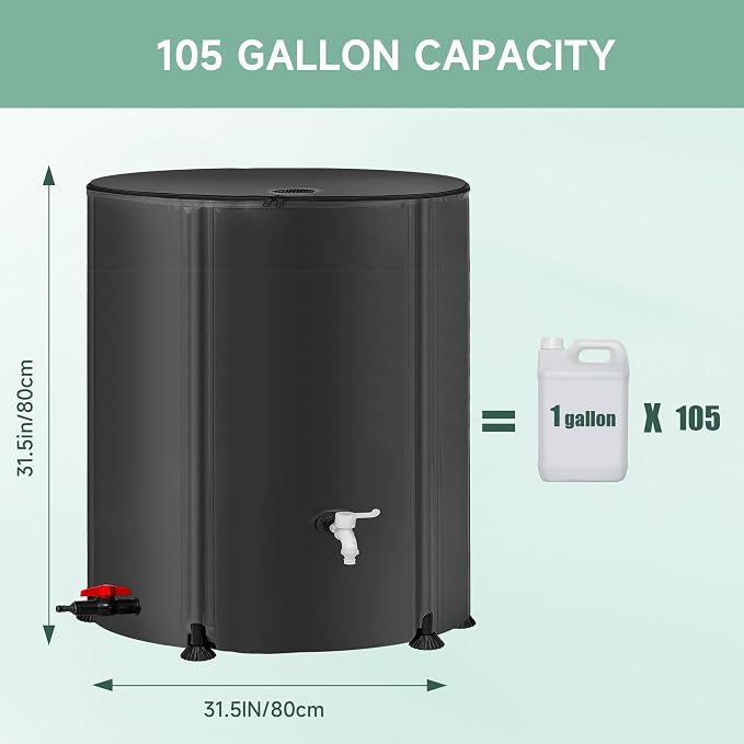 Collapsible Rain Barrel Water Storage Containers-105 Gallon Portable Rainwater Collect System Water Tank to Collect Rainwater from Gutter Downspout Water Catcher with Spigots,Filter＆Overflow Kits