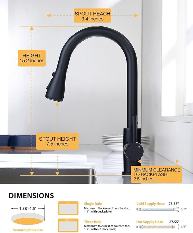 Hiqufet Black Kitchen Faucet with Pull Down Sprayer, Rv Kitchen Sink Faucets for Pot Filler, Farmhouse Camper Bar Sink Laundry Room, Fingerprint Resistant Single Hole Single Handle Stainless Steel