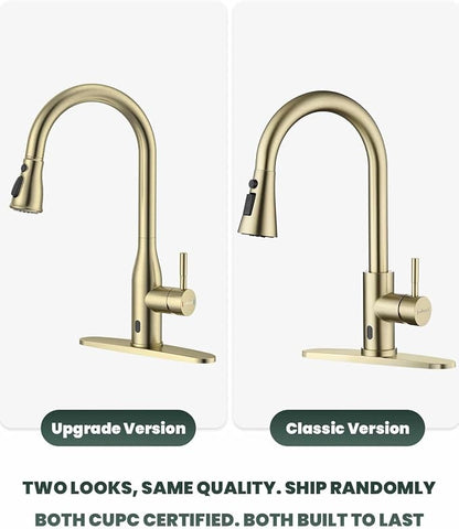 APPASO Gold Touchless Kitchen Sink Faucet with Soap Dispenser and Sprayer | S304 Stainless Steel cUPC-Certified Lead-Free Hoses Hands-Free on/off Sensor 3 WaterModes Fits 1-4 Hole Sinks with Deck Plate