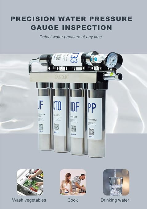 Stainless Steel Water Filter for Sink, 0.01m Ultra-Filtration Under Sink Water Filter System, Reduces PFAS, PFOA/PFOS, Fluoride, Chlorine, Bad Taste & Odor, Tankless 5-Stage with Faucet