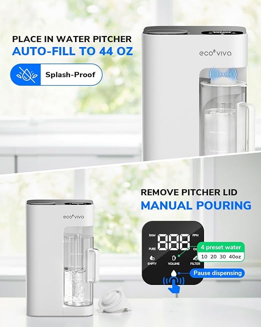 Ecoviva Mate 3 UV Countertop Reverse Osmosis Water Filter with 2 Auto-Fill Pitchers, 9-Stage RO Filtration System, Installation-Free, Reduces TDS, 3:1 Pure-to-Drain Ratio, Home & Kitchen, White