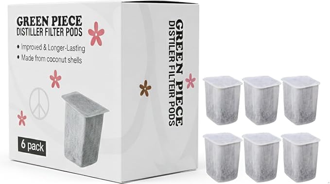 Green Piece® Filter Pods for Countertop Water Distiller – 6 Pack (12-Month Supply) Coconut Shell Activated Carbon – Removes Chlorine, VOCs & Odors – Long-Lasting Distiller Filter Replacement