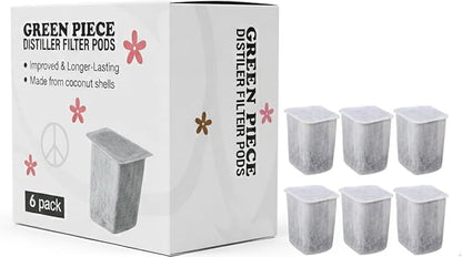 Green Piece® Filter Pods for Countertop Water Distiller – 6 Pack (12-Month Supply) Coconut Shell Activated Carbon – Removes Chlorine, VOCs & Odors – Long-Lasting Distiller Filter Replacement