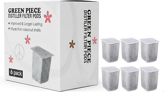 Green Piece® Filter Pods for Countertop Water Distiller – 6 Pack (12-Month Supply) Coconut Shell Activated Carbon – Removes Chlorine, VOCs & Odors – Long-Lasting Distiller Filter Replacement