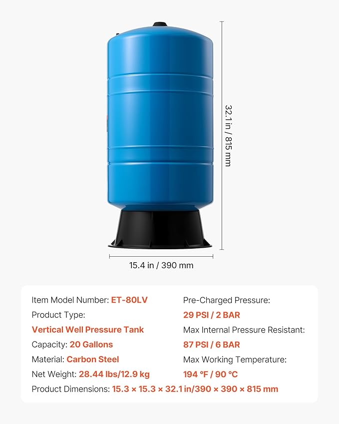 VEVOR 20-Gallon Vertical Well Pressure Tank, Pre-Charged Pressurized Water Tank for Well Pumps, Heavy-Duty Carbon Steel Water Storage Container for Home, School, Farm & Irrigation Systems