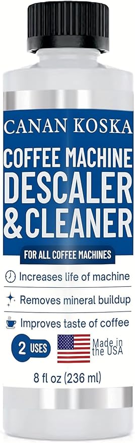 Coffee Machine Descaler 8 oz – Universal Descaling Solution for All Coffee Makers Drip Machines – Removes Limescale Calcium Buildup – 2 Uses (1, 8 Fl Oz (Pack of 1))