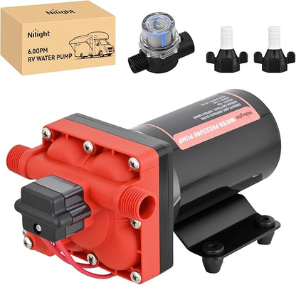 Nilight RV Water Pump 12v Diaphragm Pump 6.0 GPM 70 PSI with Pressure Switch & Strainer 12 Volt DC Heavy Duty Camper RV Pump Upgrade Self-Priming Low Noice for RV Marine Yacht Caravan Camper Trailer