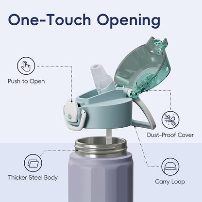 Konokyo FLOWPLAY 18oz Locking Push-Button Water Bottle with Silicone Spout,Leak-Proof,18/8 Stainless Steel Double-Wall Vacuum Insulated for Sports and Travel,BPA-Free,Oasis