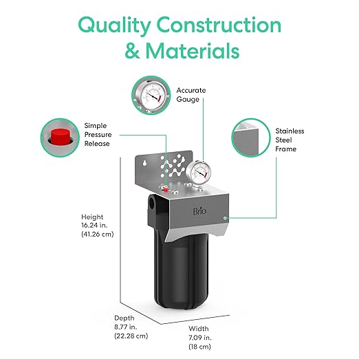 Brio Whole House Water Filter System for Heavy Metal Reduction w/Gauge & Fast-Flow GAC + KDF Filter 4.5" x 10" | Improves Taste & Protects Home Appliances | 720 GPH | 50,000 Gallons or 6 Months