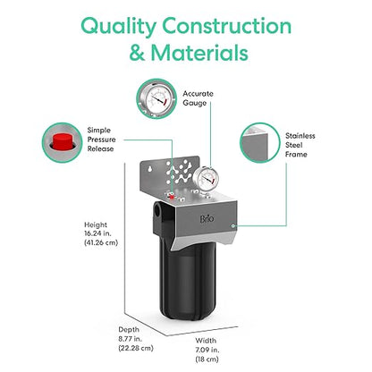 Brio Whole House Water Filter System for Heavy Metal Reduction w/Gauge & Fast-Flow GAC + KDF Filter 4.5" x 10" | Improves Taste & Protects Home Appliances | 720 GPH | 50,000 Gallons or 6 Months