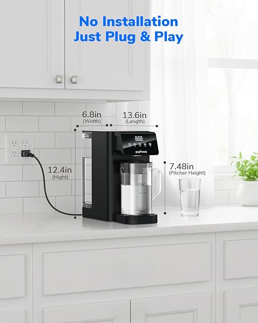 Ecoviva Mate 5 Countertop Reverse Osmosis Water Filter, 8-Stage RO Water Filtration System with 40 oz Water Pitcher, Alkaline Mineralization pH+, Compact Design, BPA-Free, Black